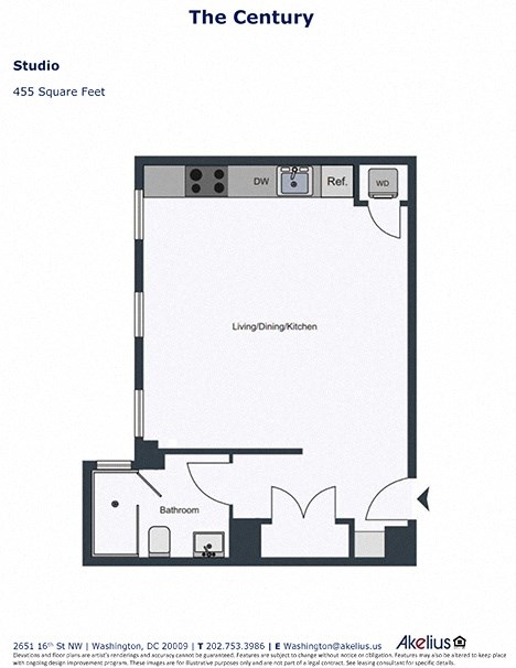 A floor plan for a studio apartment sized at 455 square feet.